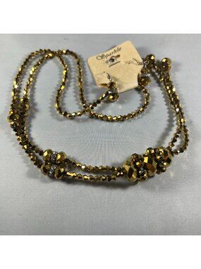 Gold Beaded Necklace & Earrings Set With Rhinestone Accents By Sparkle